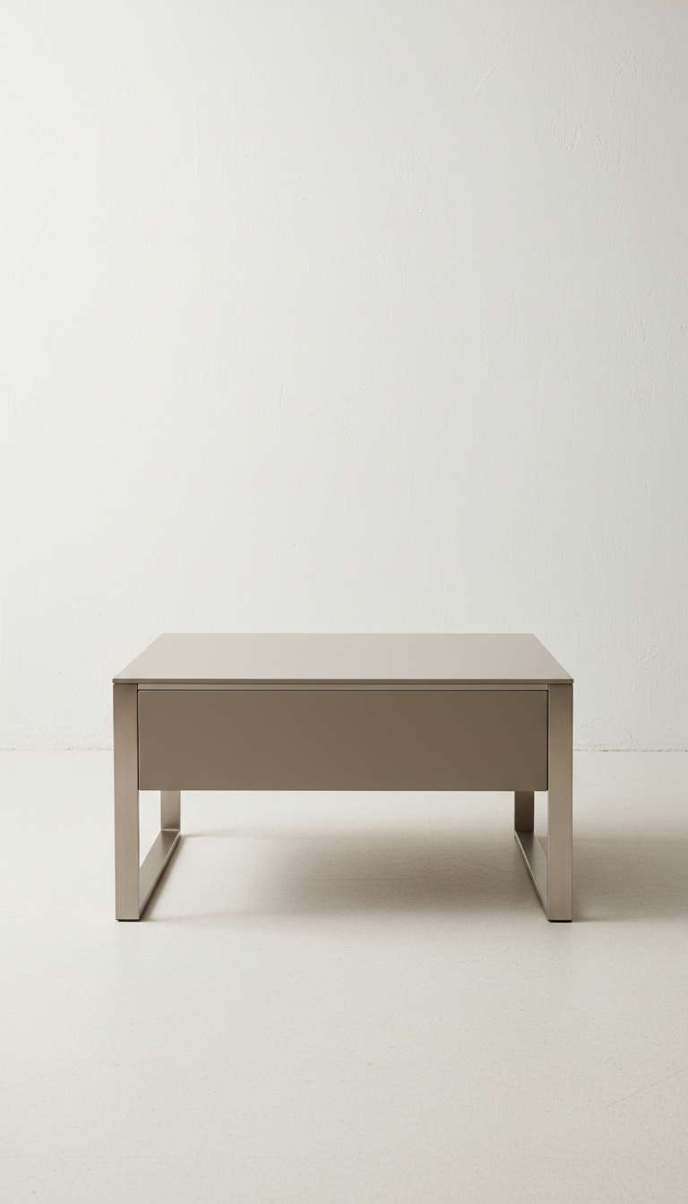 Minimalistischer Couchtisch aus gebürstetem Metall und Taupe-Lack