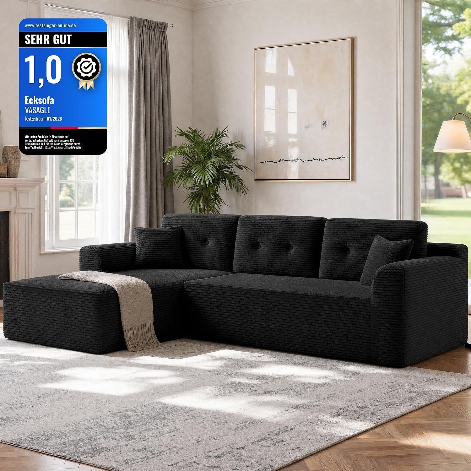 Modulares Ecksofa mit Chaiselongue links, 244 cm breit, Tintenschwarz