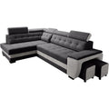 Ecksofa mit Schlaffunktion, Bettkasten, Kopfstützen und 2 Hockern