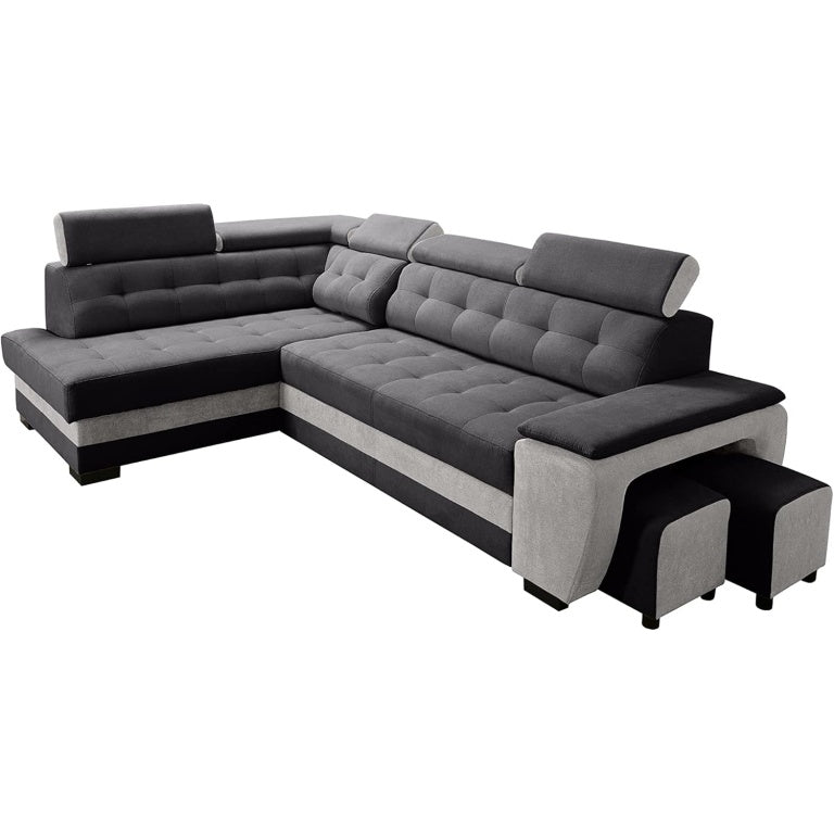 Ecksofa mit Schlaffunktion, Bettkasten, Kopfstützen und 2 Hockern
