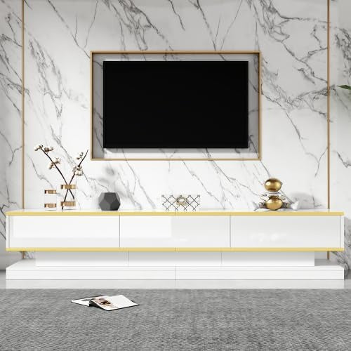 TV-Lowboard in Weiß mit Goldakzenten und 3 Schubladen für Fernseher bis 80 Zoll, 200 × 40 × 40 cm