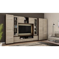 Große Wohnwand mit TV-Lowboard, Hängeschränken und Vitrinen, 370 × 200 × 52 cm