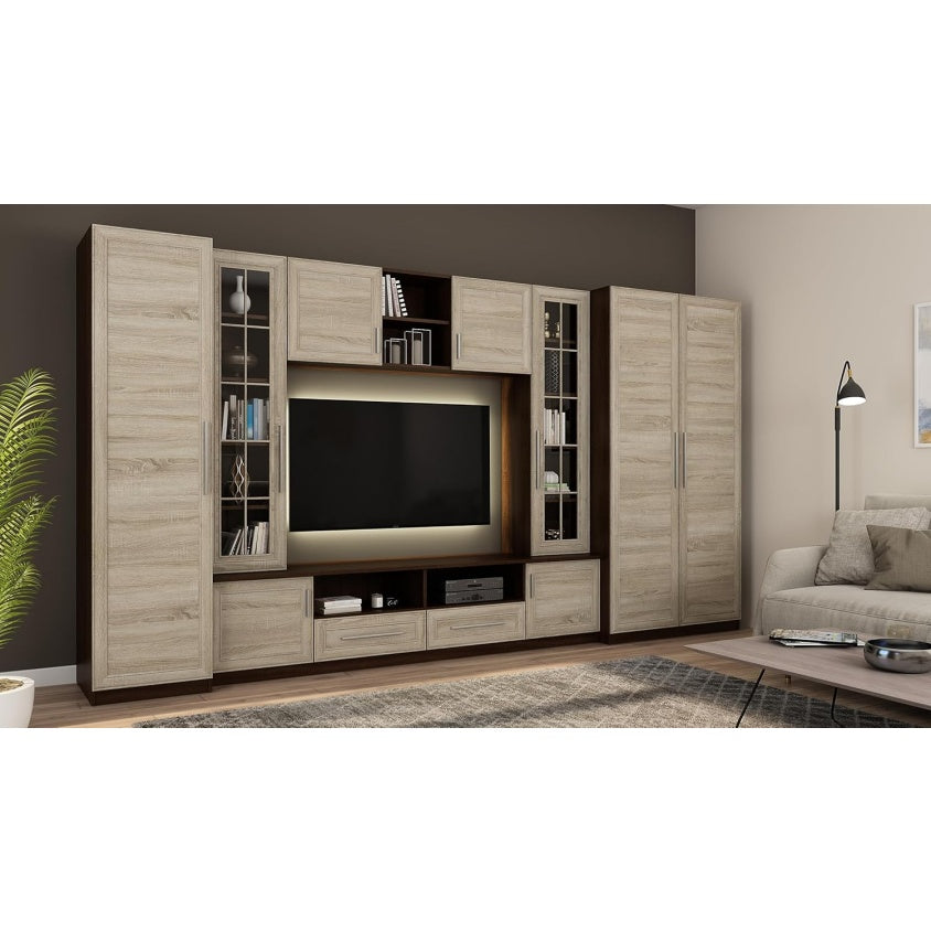 Große Wohnwand mit TV-Lowboard, Hängeschränken und Vitrinen, 370 × 200 × 52 cm