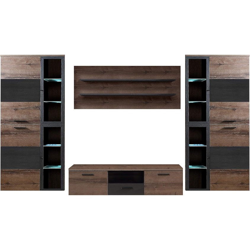Wohnwand mit 5 Türen, 3 Glastüren und 1 Schublade aus Holzwerkstoff in Schwarzer Eiche und Schlammeiche, 296 × 203 × 52 cm