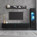 3-teiliges TV-Wohnwand-Set mit LED-Beleuchtung, Vitrine, Hängeregal und TV-Lowboard für Fernseher bis 80 Zoll