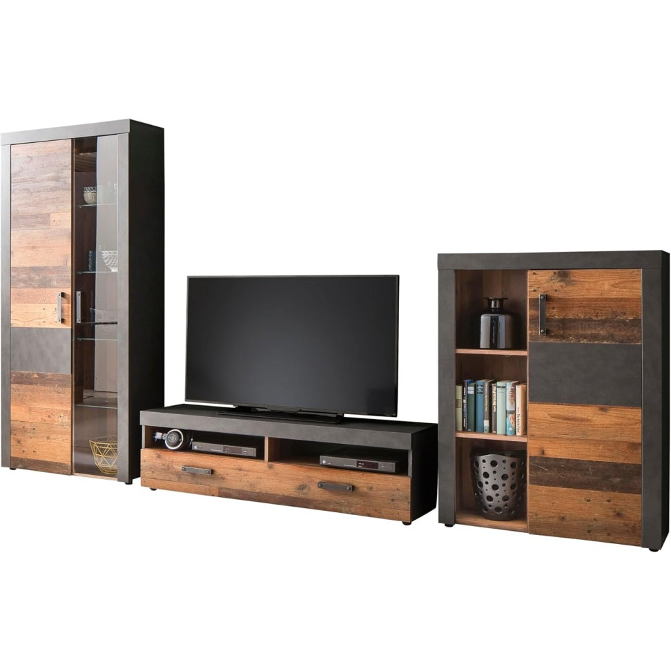 Wohnwand in Eiche/Grau mit Vitrine, TV-Lowboard, Stauraumschrank und Wandboard, 343 × 189 × 40 cm