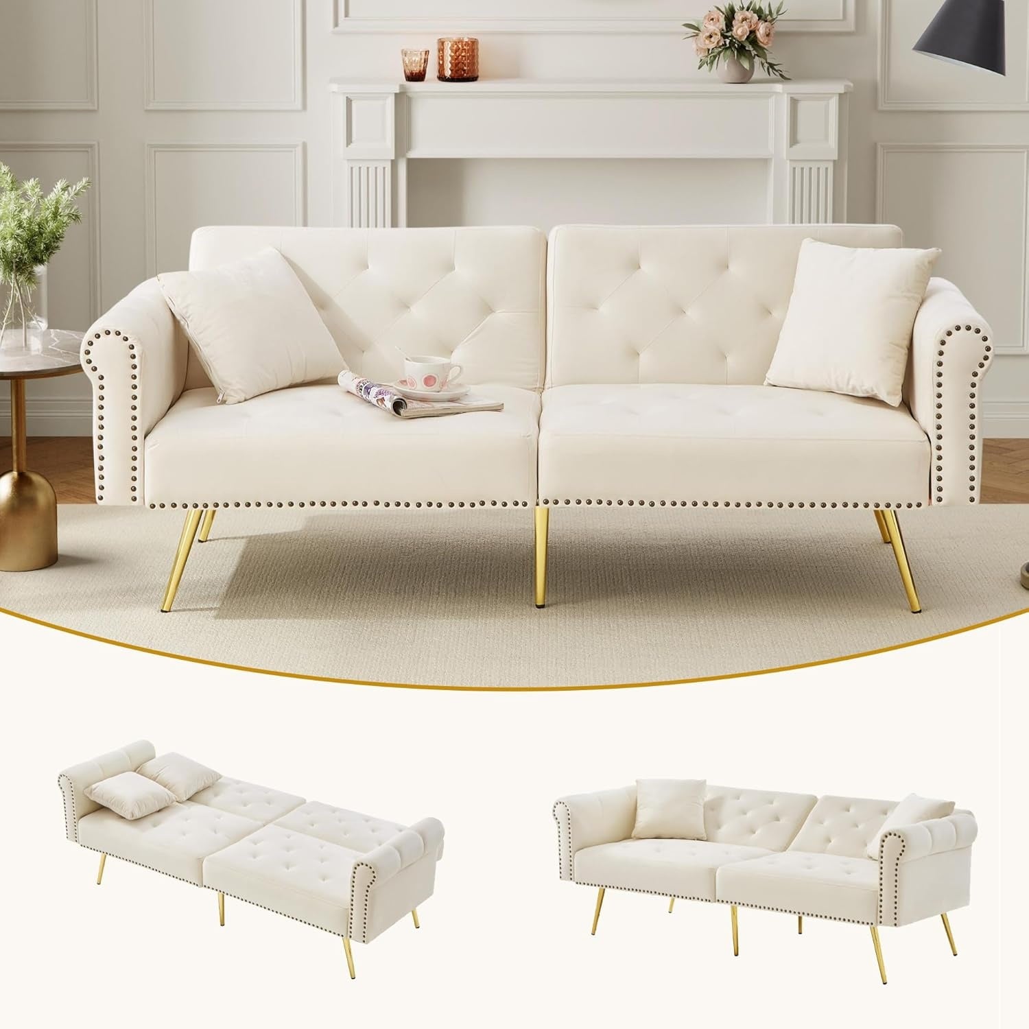 2-Sitzer Schlafsofa mit Samtbezug, verstellbarer Rückenlehne und Stauraum, 173 × 75 × 70 cm