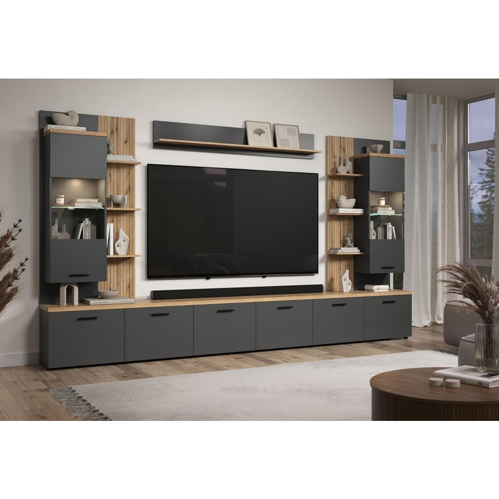 Wohnwand mit 2 Hängevitrinen, Wandpaneel und 3 TV-Lowboards in Grau und Eiche, für Fernseher bis 75 Zoll, 360 × 212 × 40 cm