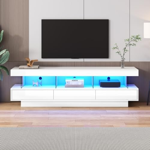 TV-Lowboard in Hochglanz Weiß mit LED-Beleuchtung, 3 Glasfächern und Kabelmanagement für Fernseher bis 70 Zoll, 160 cm