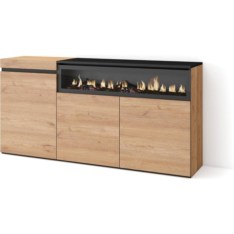Sideboard mit 3 Türen und integriertem Elektrokamin in Eichenoptik
