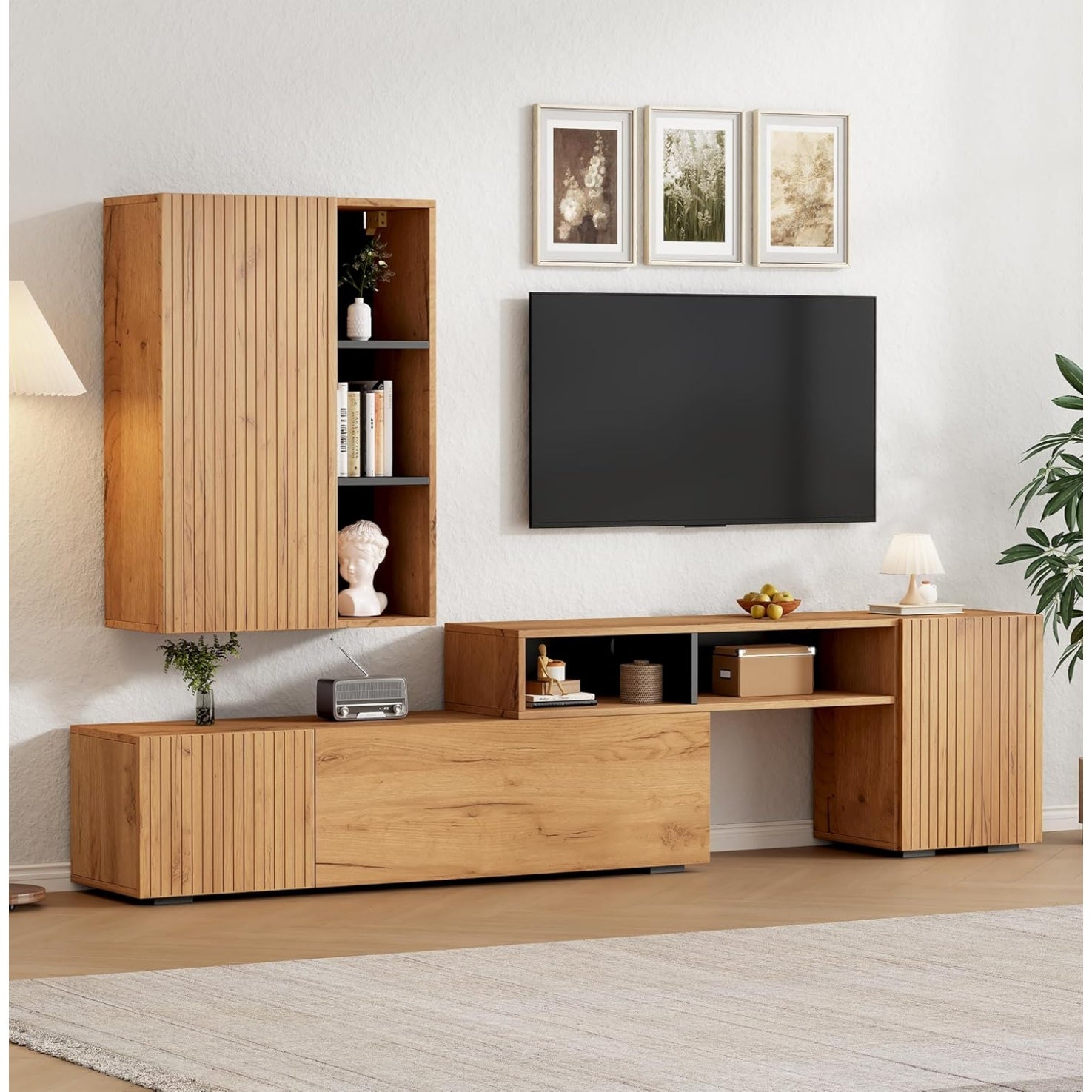 Modernes Wohnwand-Set mit TV-Lowboard, Hängeschrank und Vitrine, flexibel montierbar