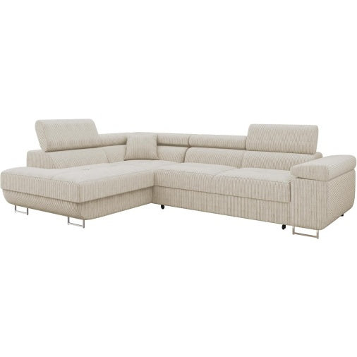 Ecksofa aus Cord mit Bettfunktion, Bettkasten und verstellbaren Kopfstützen