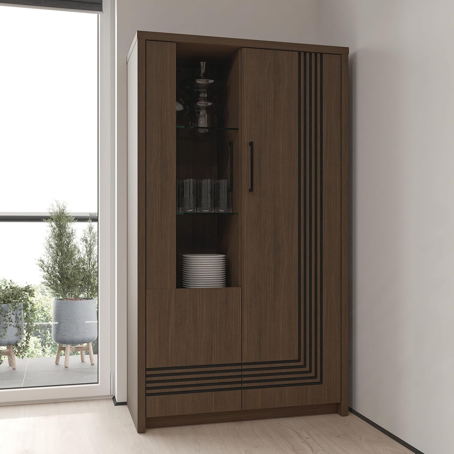 Vitrinenschrank mit 2 Türen und Fräsfront aus Holzwerkstoff in Dunkelbraun und Schwarzer Eiche, 91,5 × 159,9 × 41,6 cm