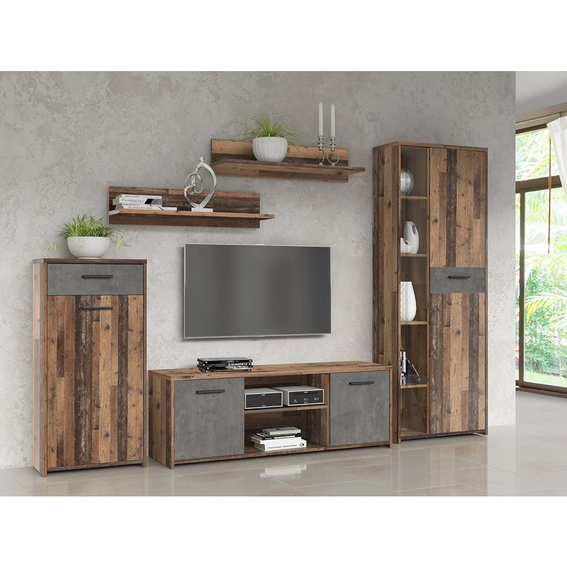 Wohnwand mit Schublade in Vintage-Holz und Dunkelgrau, 277,4 × 182,9 × 39,5 cm