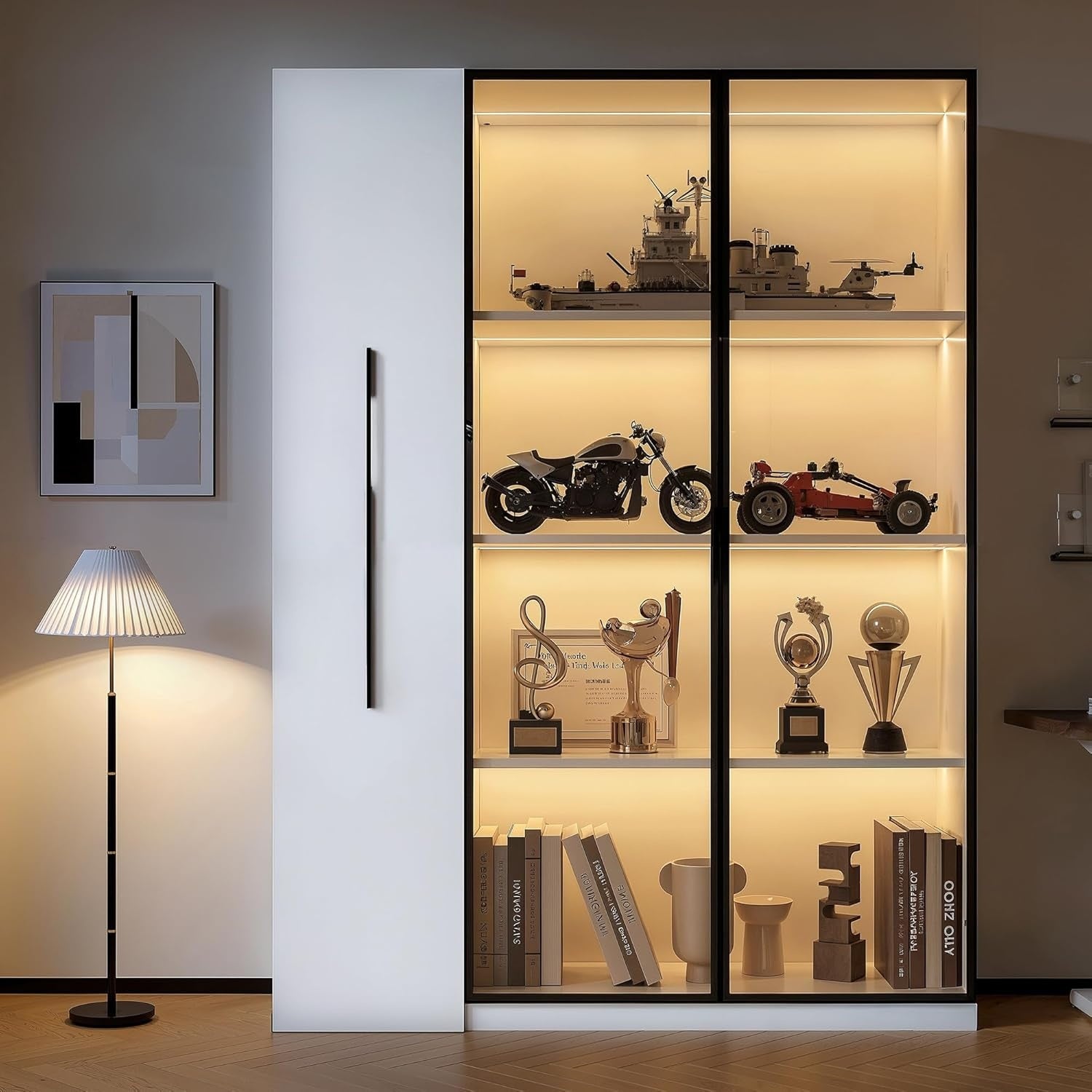 Vitrine mit Glastür, LED-Beleuchtung und zusätzlichem Stauraum, 110,5 × 35 × 160 cm