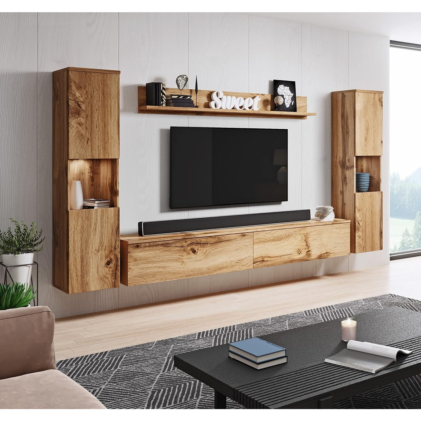 4-teiliges Wohnwand-Set mit Highboards, TV-Lowboard und Wandboard