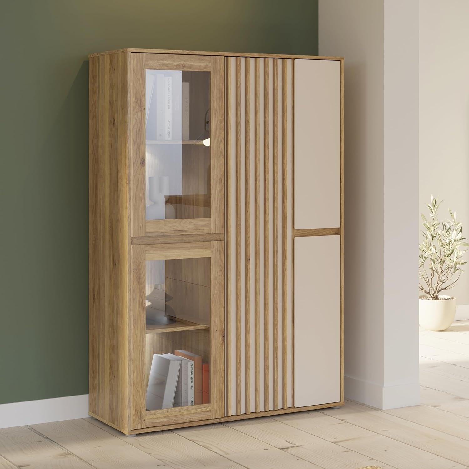 Schrank mit 5 Türen und Lamellendesign aus Holzwerkstoff in Mauvella-Eiche und Kaschmirbeige, 109,3 × 161,7 × 41,5 cm